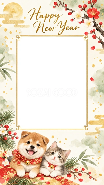 ペット写真のスマホ縦長新年カード・写真フレーム｜かわいい子犬と子猫、梅の花を添えた縦長の写真フレーム。中央の縦向き写真窓へ愛犬・愛猫などの写真を入れられます。ペットと過ごす新年の挨拶や、写真好きの友人へのメッセージにおすすめです。
