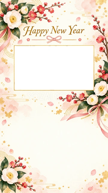 写真とメッセージのスマホ縦長新年カード・写真フレーム｜やさしい桃色のにじみと白い花で飾った縦長の写真フレーム。上側に横長写真窓を1つ、下側に広い不透明の文章欄を設けています。写真に近況報告や感謝のメッセージを添えたいときにおすすめです。