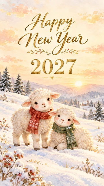 朝日と丘の羊の新年カード｜赤と緑のマフラーを着けた二匹の子羊を、朝日が照らす雪の丘に描きました。金色の挨拶文字と明るい景色で、新年への希望を伝えるSNS投稿や友人へのメッセージにおすすめです。