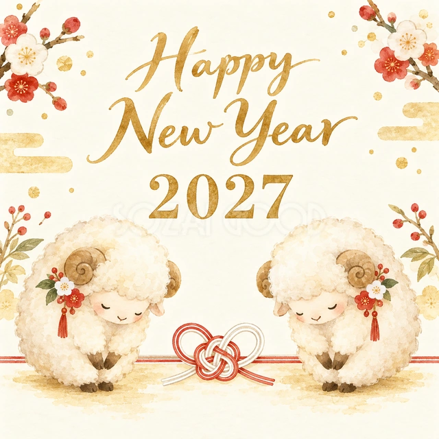 お辞儀する羊の新年カード｜向かい合ってお辞儀する二匹の羊と紅白水引、金色の挨拶文字を組み合わせました。親しみやすく丁寧な印象で、日頃お世話になっている方やお客様への新年の挨拶にもおすすめです。