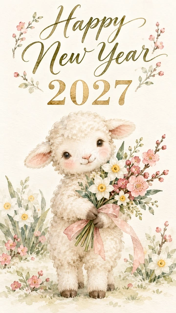 小さな花束を持つ羊の新年カード｜水仙と桃色の梅の小さな花束を持つ子羊を、淡いリボンとともに描きました。感謝の気持ちを添えたい年始の挨拶や、友人への華やかでやさしいメッセージにおすすめです。