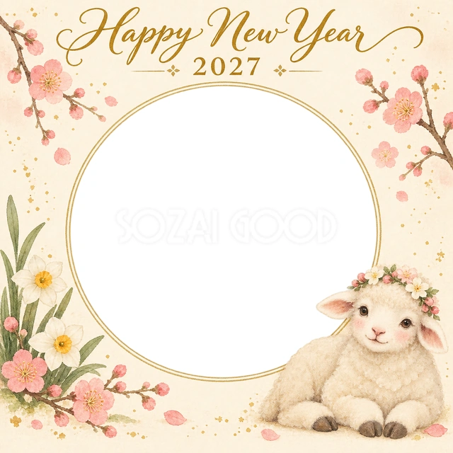 花冠の羊と丸窓・写真1枚の新年カード｜花冠をかぶった羊と春を待つ花々を描きました。大きな丸い写真窓1枚が主役になる構図で、赤ちゃんや子どもの笑顔を印象的に紹介できます。