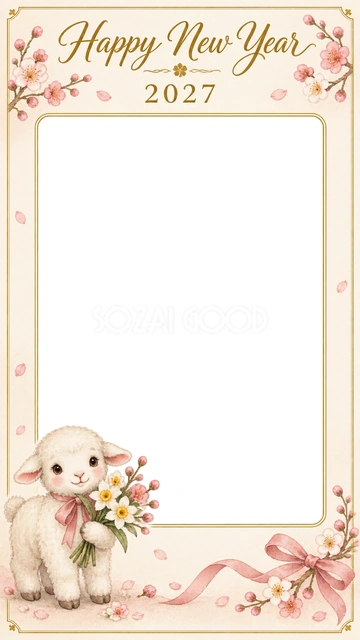 花束の子羊・縦写真1枚の新年カード｜花束を抱えた子羊と淡い桃色の梅、リボンを添えました。大きな縦写真1枚を入れられ、晴れ着姿や親子の記念写真を主役にできます。