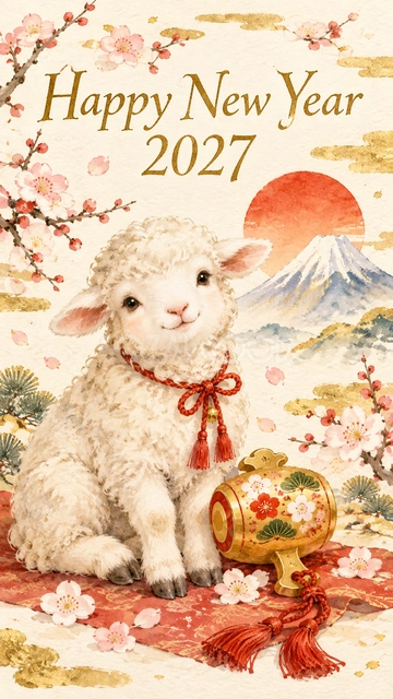 打ち出の小槌と羊の和風新年カード｜金色の打ち出の小槌と子羊に、梅と赤い飾り紐を添えました。かわいさとお祝いの雰囲気を合わせた一枚で、お客さまや友人への年始の挨拶に使えます。