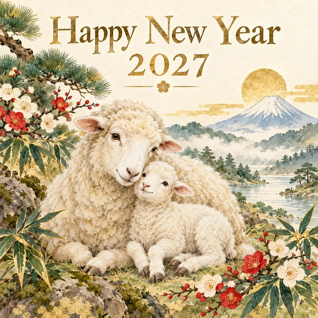 松竹梅と羊の親子の和風新年カード｜松竹梅に囲まれて寄り添う羊の親子を描きました。落ち着いた緑と金の色合いで、祖父母や親戚、大切な家族へ温かい気持ちを伝える用途におすすめです。