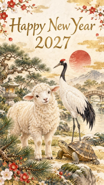 鶴亀と羊の和風新年カード｜松のある庭で羊と鶴、亀が並ぶ穏やかな和風デザインです。家族の健やかな一年を願う挨拶や、祖父母・親戚へ送る新年カードにおすすめです。
