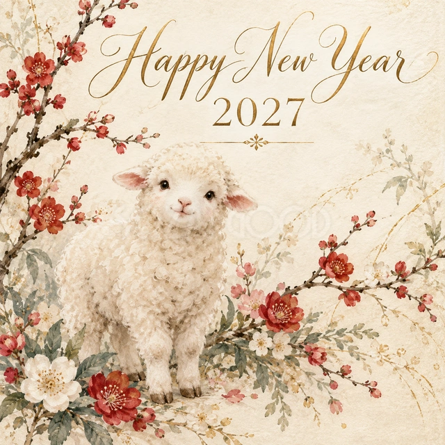 紅梅と羊の新年カード｜紅梅の枝の間に、可愛い羊が立つ姿を描きました。控えめな赤が新春らしさを添え、友人へのデジタル年賀状やお店の年始のメッセージ投稿に似合います。