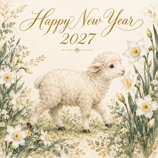 水仙と羊の新年カード｜白い水仙の間を羊が歩く、軽やかなデザインです。新しい一年の始まりを伝えるSNS投稿や、離れて暮らす家族への明るい挨拶におすすめです。