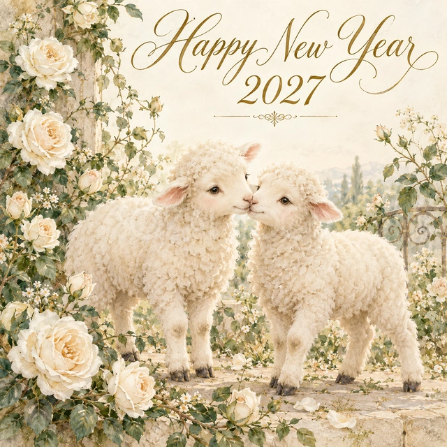 白薔薇と羊の新年カード｜白薔薇の咲く庭で2匹の羊が鼻を寄せる、優しいデザインです。夫婦やパートナーからの新年の挨拶、大切な友人へ親しみを伝えるメッセージに向いています。