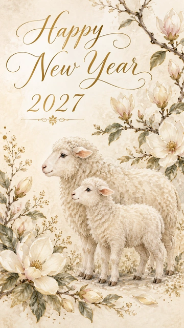 マグノリアと羊の新年カード｜マグノリアの枝の下に大小2匹の羊が並ぶ、穏やかなデザインです。親子や家族からの新年の挨拶、祖父母や親戚へ送るメッセージにおすすめです。