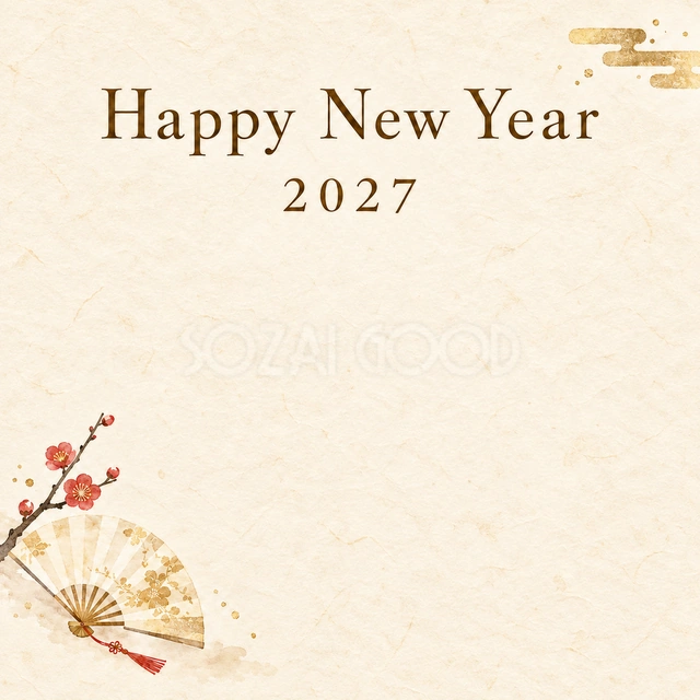 白い和紙と金の扇の新年挨拶カード｜淡い生成りの和紙に金の扇と紅梅を添えた、落ち着いた和風デザインです。中央の広い余白へ社名や年始のご挨拶を入れ、取引先への新年メッセージや店舗のSNS投稿に使えます。