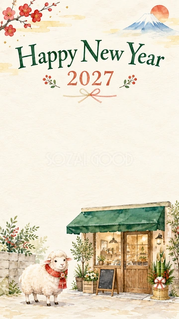 羊と小さなお店の新年挨拶カード｜小さなお店と可愛い羊を下部に描いた、親しみのあるデザインです。個人店や地域のお店からの新年のご挨拶、常連のお客様へ送るメッセージにおすすめです。