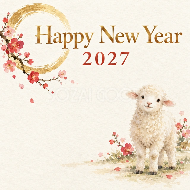 可愛い羊と金の輪の新年挨拶カード｜可愛い羊と金の輪に梅を添えた、親しみやすい未年のデザインです。お客様とのつながりを大切にするお店や教室の年始のメッセージに向いています。