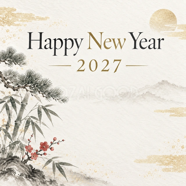 白と墨の松竹梅の新年挨拶カード｜白地に墨色の松竹梅と控えめな金色を合わせた、すっきりした和風デザインです。企業や事務所からの改まった挨拶、落ち着いた店舗の年始告知におすすめです。