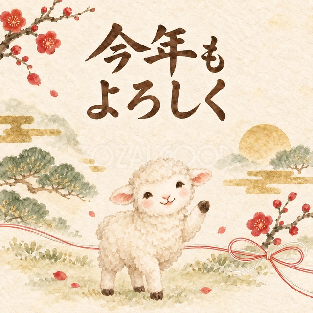 「今年もよろしく」羊の新年カード｜手を振る可愛い羊に、梅や松、紅白の飾りを添えた和風デザインです。友人や親戚へ気軽に送る新年のご挨拶におすすめです。