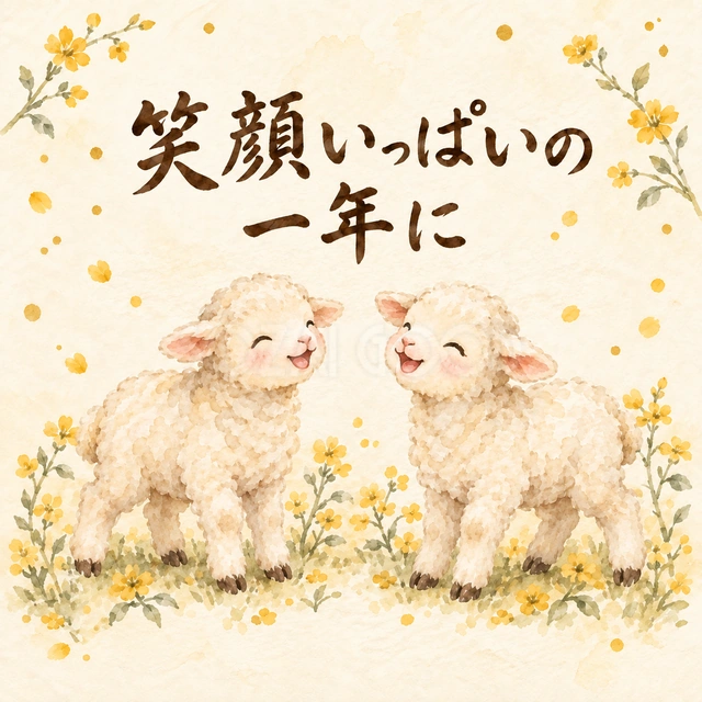 「笑顔いっぱいの一年に」羊の新年カード｜黄色い小花に囲まれた2匹の羊が楽しそうに笑い合うデザインです。家族や友人に、明るく健やかな一年を願う気持ちを届けられます。
