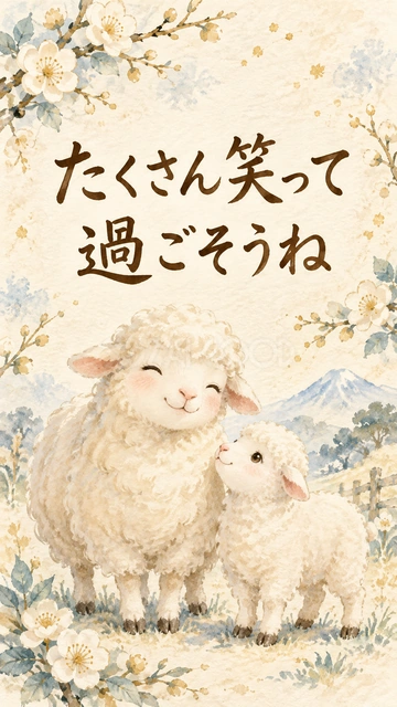 「たくさん笑って過ごそうね」羊の新年カード｜青みを帯びた白梅の風景に、笑顔の羊と見上げる子羊を描きました。家族や親しい方へ、笑いのある毎日を願う優しいメッセージを送れます。