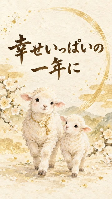 「幸せいっぱいの一年に」羊の新年カード｜白梅と金の輪を添え、大小2匹の羊が並んで歩くデザインです。親子や家族へ幸せを願う挨拶、大切な方に寄り添う新年メッセージに似合います。