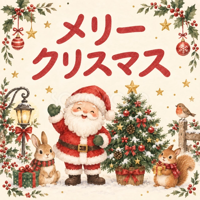 「メリークリスマス」｜手を振るサンタとツリー、小さな動物たちを描いた華やかな一枚。友人や家族へ、気軽にクリスマスの挨拶を送りたいときにおすすめです。