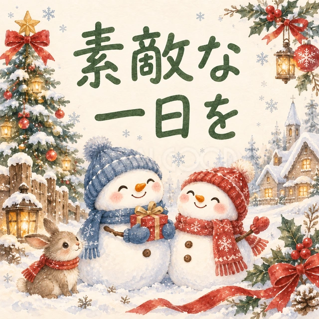 「素敵な一日を」｜赤と青の帽子をかぶった雪だるまに、プレゼントや雪の街並みを添えました。離れて暮らす家族や友人へ、一日の幸せを願うメッセージとして使えます。