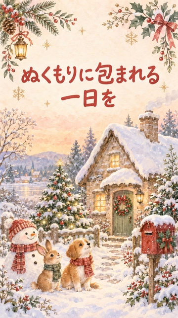 「ぬくもりに包まれる一日を」｜雪景色の家に明かりがともり、雪だるまやうさぎ、子犬を添えた温かな風景です。家族や友人へ、穏やかな一日を願って送るカードに使えます。