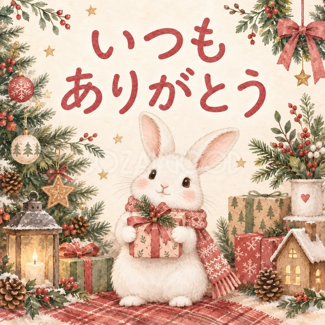 「いつもありがとう」｜プレゼントを抱える白いうさぎとツリーを描きました。日頃お世話になっている方や親しい友人へ、感謝の気持ちを伝える一枚です。