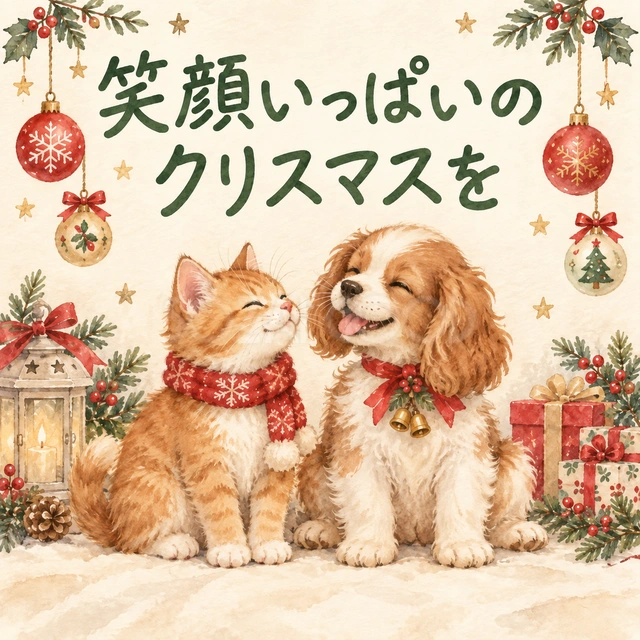 「笑顔いっぱいのクリスマスを」｜子猫と子犬が寄り添って笑う、明るく可愛いデザインです。動物好きの友人や子どもへ、楽しいクリスマスを願う挨拶におすすめです。