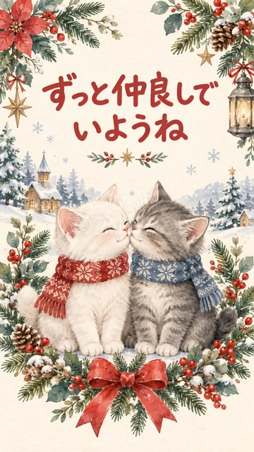「ずっと仲良しでいようね」｜白と灰色の子猫が鼻を寄せ合う、仲の良い姿を描きました。親友やパートナーへ、これからも一緒に過ごしたい気持ちを伝えるカードです。
