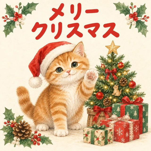 手を振る茶トラ猫「メリークリスマス」｜サンタ帽子をかぶった茶トラ猫が、肉球を見せて手を振るデザインです。ツリーと贈り物を添え、猫好きの友人や家族へ明るい挨拶を送れます。