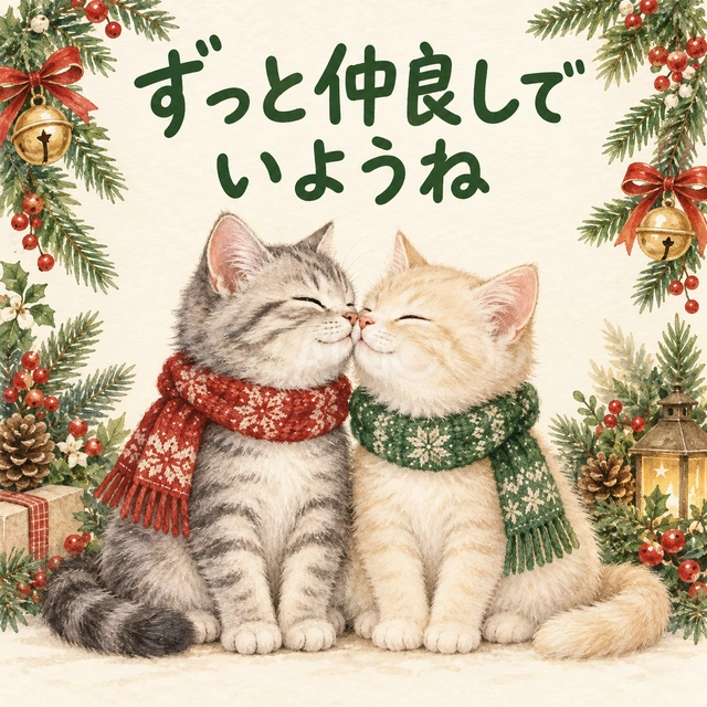 鼻を寄せる仲良し猫「ずっと仲良しでいようね」｜灰色とクリーム色の猫が鼻を寄せ合う、仲の良いデザインです。親友やパートナーへ、これからも仲良く過ごしたい気持ちを伝えられます。