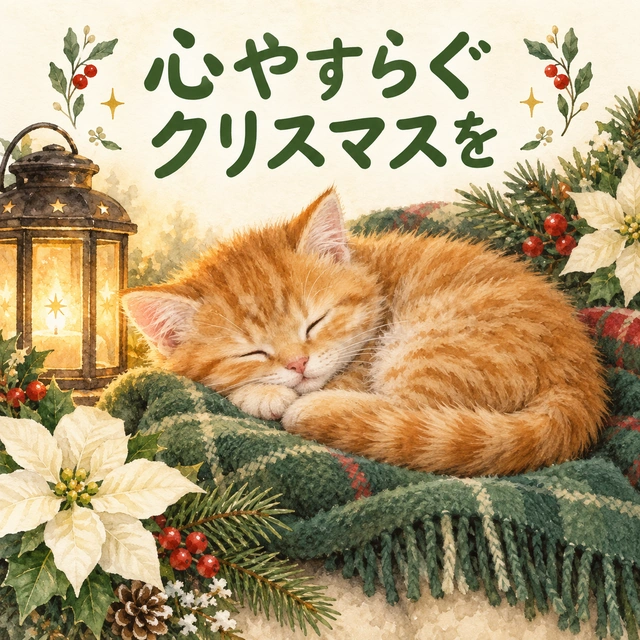 眠る猫とランタン「心やすらぐクリスマスを」｜茶トラ猫が緑の毛布で丸くなって眠るデザインです。ランタンと白い花を添え、穏やかな休日を願うメッセージや、癒やしを届けたいときに使えます。