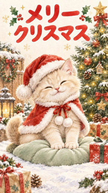 ふみふみするサンタ猫「メリークリスマス」｜サンタ帽子と赤いケープの猫が、クッションをふみふみするデザインです。幸せそうな表情を主役に、猫好き同士で送り合うクリスマスの挨拶におすすめです。