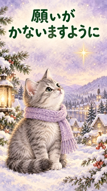 星を見上げる灰色猫「願いがかないますように」｜薄紫のマフラーの灰色猫が、金色の星を見上げるデザインです。夢に向かう友人や子どもへ、応援する気持ちを添えて送れます。
