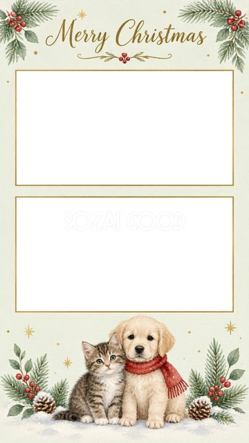 猫と犬のクリスマス・写真2枚｜仲良く寄り添う猫と犬を下側に描き、横写真2枚を上下に配置しました。愛猫と愛犬の写真や、家族とペットの写真をそれぞれ大きく見せるカードに使えます。