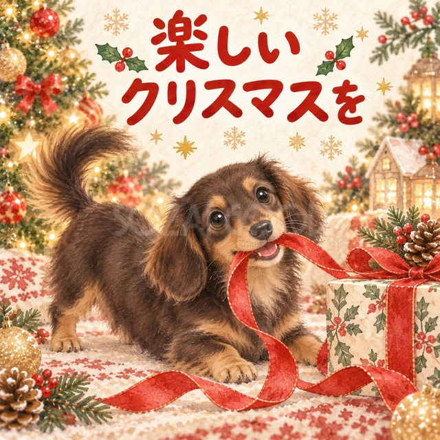 リボンで遊ぶダックスフンド（文字あり）