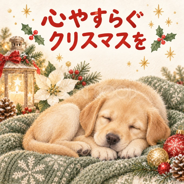 毛布で眠るラブラドール（文字あり）