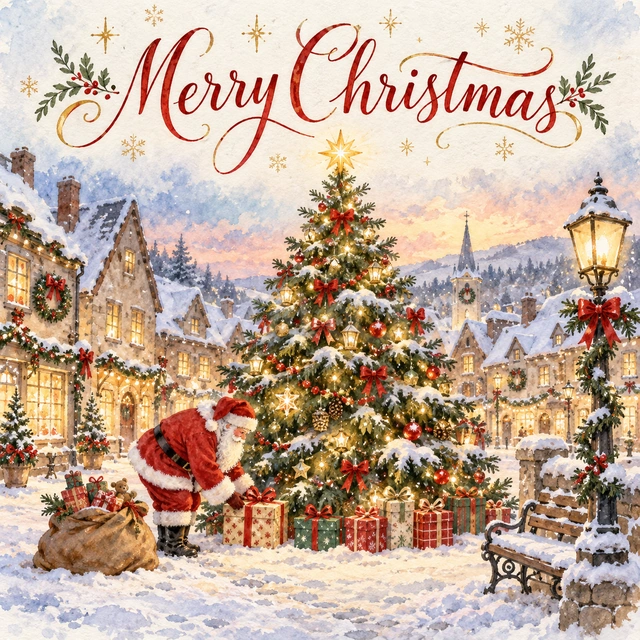 雪の広場とクリスマスツリー｜雪の広場の大きなクリスマスツリーと、根元へ贈り物を置くサンタを描きました。きらめく飾りと街並みを楽しめる、家族のグループや友人へのクリスマスの挨拶にぴったりのデザインです。