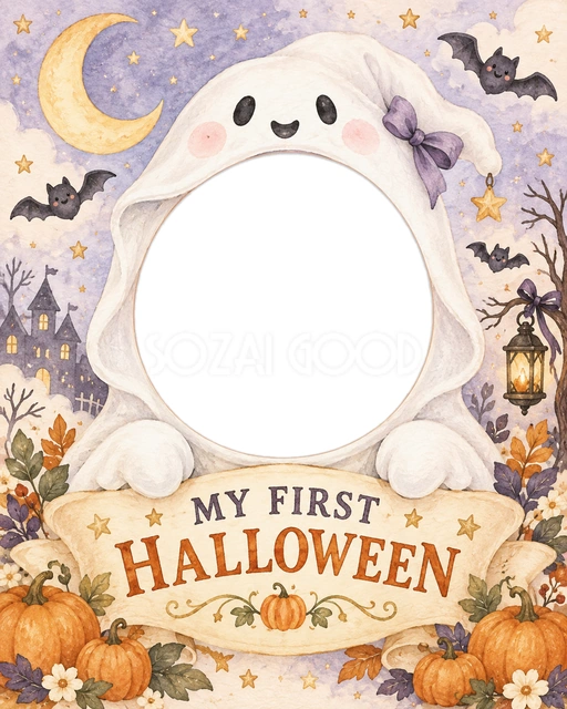 白いおばけフードが顔の周りを優しく囲む、怖すぎない赤ちゃん向けのハロウィン写真フレームです。｜笑顔や寝顔の写真を入れ、初ハロウィンの記録、育児日記、家族共有のカード、季節のSNS投稿に使えます。