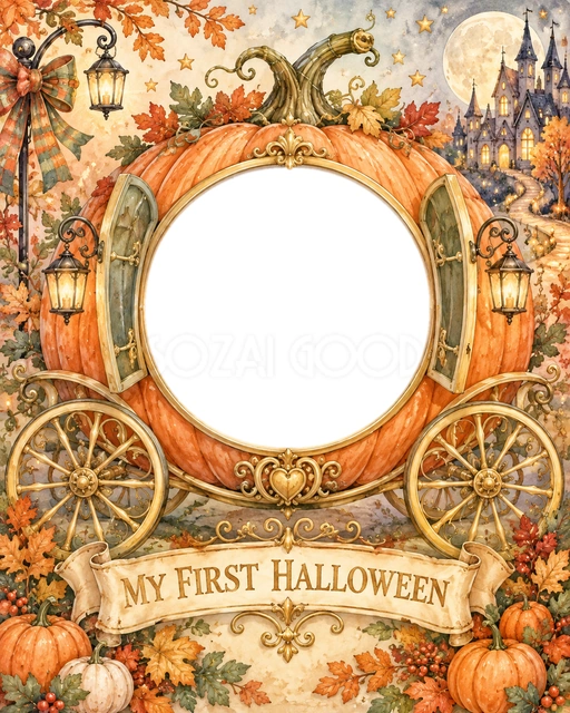 金色の車輪を飾ったかぼちゃ馬車の中央へ写真を入れられる、絵本のようなハロウィンデザインです。｜赤ちゃんの記念撮影、初ハロウィンカード、秋の成長記録、家族への挨拶画像におすすめです。