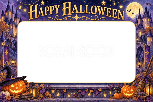 魔法のお城のハロウィンパーティー｜紫の空に浮かぶ月とお城、魔女帽子のかぼちゃ、星の明かりで囲んだ幻想的なデザインの無料イラスト素材です。