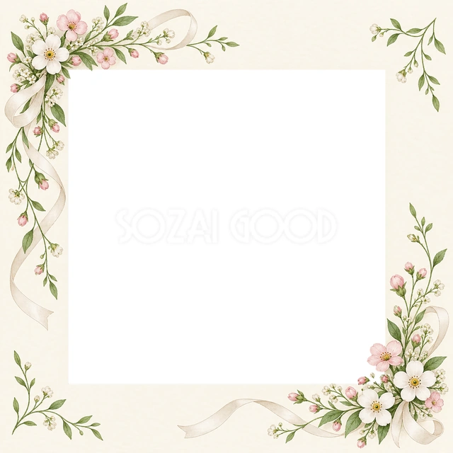 左上と右下に小花の花束を置き、白いリボンをゆるやかに流しています。対角の花飾りが写真を引き立てます。