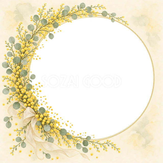 片側に花を集めた三日月のような飾りと、細い縁取りを組み合わせています。花の多い側と軽やかな側に差をつけ、丸い写真を引き立てる構図です。