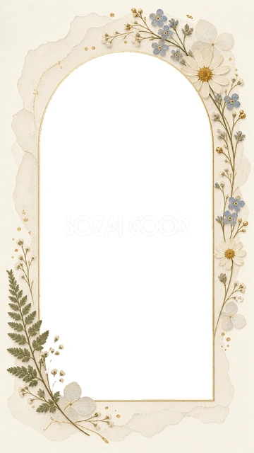 青い小花と白い花を金色のアーチに沿わせた、スマホ向けの押し花フレームです。透ける紙の重なりと穏やかな色合いで、爽やかにまとめています。