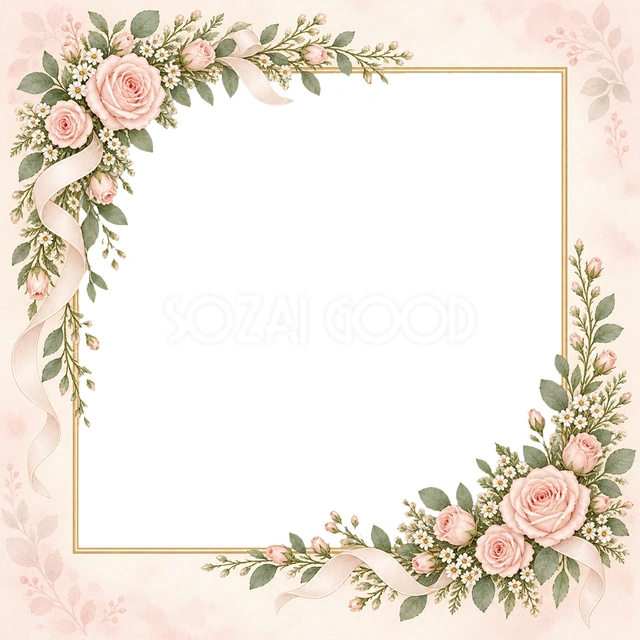 対角にくすみピンクのバラの花束を置き、リボンを軽やかに添えています。花のある部分と余白に差をつけ、主役の写真を引き立てる構図です。