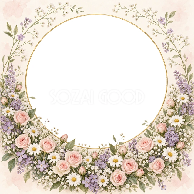 下側に小ぶりなピンクのバラ、白い小花、淡い紫の花を重ねました。上側の軽やかな枝が写真を引き立てます。 結婚報告や記念日のSNS投稿、写真入りのお礼カードにおすすめです。