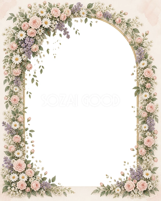 ピンクのバラと白い花がアーチに沿って咲き、左上から小さな花々が垂れる華やかなデザインです。 ウエディング写真、家族の記念写真、縦長のSNS投稿におすすめです。