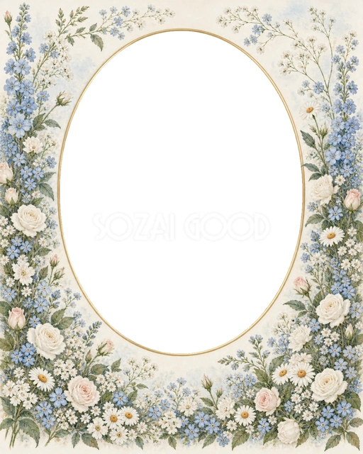 淡い青の小花が左右に伸び、白いバラが楕円の写真窓をやさしく囲みます。 爽やかな結婚報告、誕生日の記念写真、縦長投稿におすすめです。