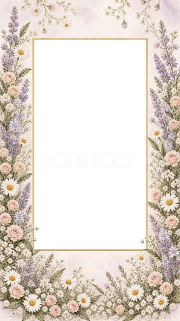 左右に淡い紫の花穂と小さなバラが伸び、細い金色の四角い写真枠を飾ります。 9:16のスマホ用画像、ストーリーズ、縦向きの人物写真におすすめです。