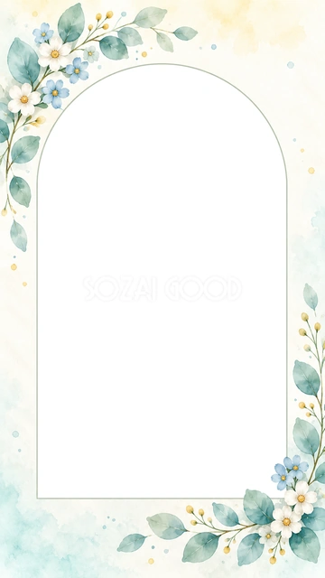 青い小花と白い花を左上と右下に添えた、スマホ向けのアーチ型フレームです。上部の淡い黄色と下部の青いにじみが、爽やかで明るい印象を作ります。
