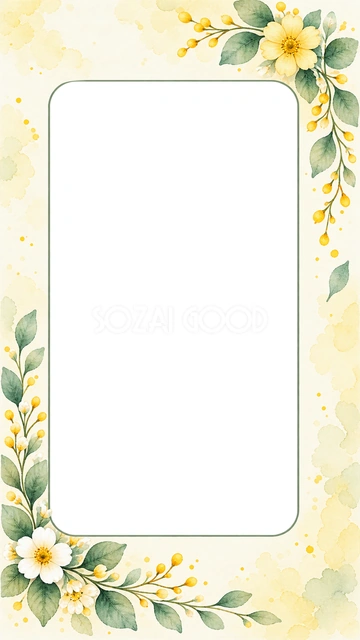 スマホ向けの細長い角丸窓を、右上と左下の花と葉で飾りました。淡い黄色のにじみと明るい上部の余白を生かした、軽やかなボタニカルデザインです。 スマホの待ち受けや縦長のSNS画像におすすめです。時計や通知が重なる位置を確認し、顔など大切な部分が隠れないよう写真を調整してください。